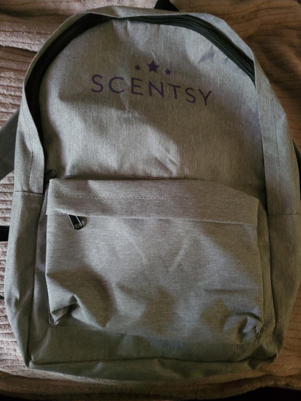 Scentsy Light Gray Backpack with Purple Logo